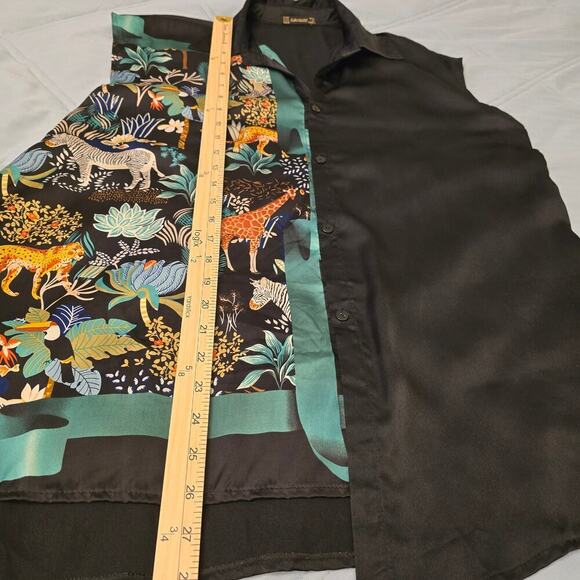 Zara Black Top L Jungle Safari Animal Print Asymmetrical Artcore Blouse SilkFeel - Picture 7 of 8